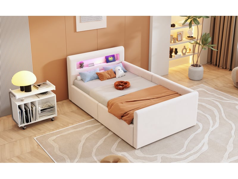  Lit enfant 90x200 cm beige velours avec led lumière de nuit port usb rangement hydraulique et étagère Sol Morn - Conforama B