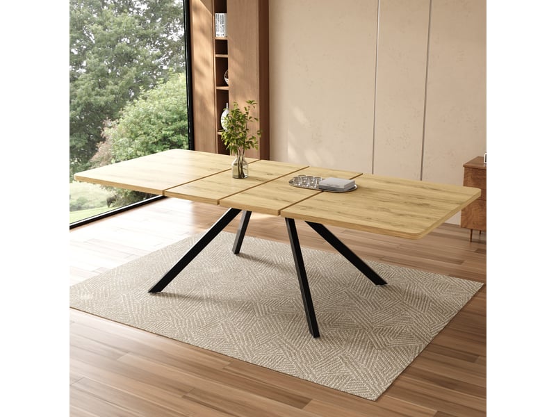 Table à manger extensible 160-240x90 cm pour 6 à 10 personnes, 3 longueurs, pieds métal, plateau mdf effet chêne, pour salle à manger - Conforama B
