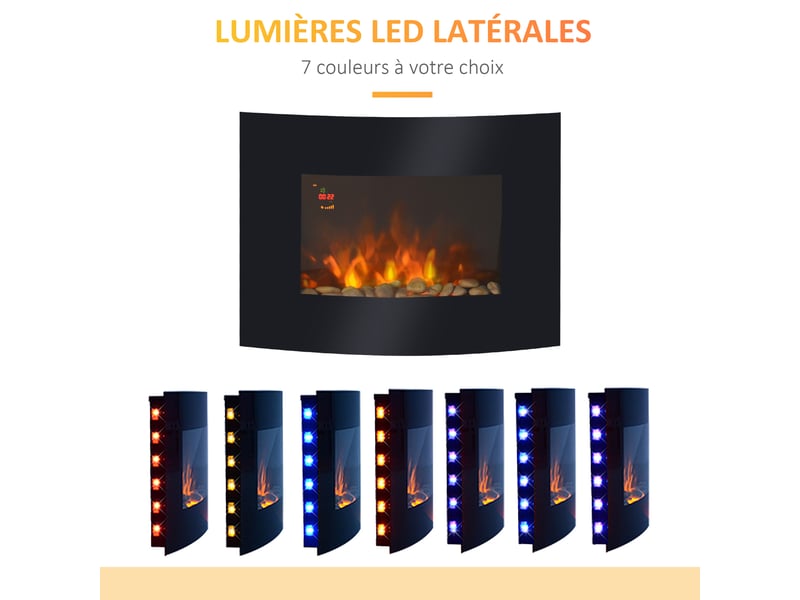  Cheminée électrique murale éclairages latéraux led design avant-gardiste affichage led avec télécommande et minuterie 9001800 w luminosité réglable noir  - Conforama W
