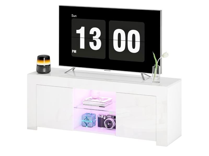 Meuble tv avec 2 portes, 2 niches ouvertes, led et passe-câbles pour salon moderne blanc brillant 120×34×45 cm  - Conforama A