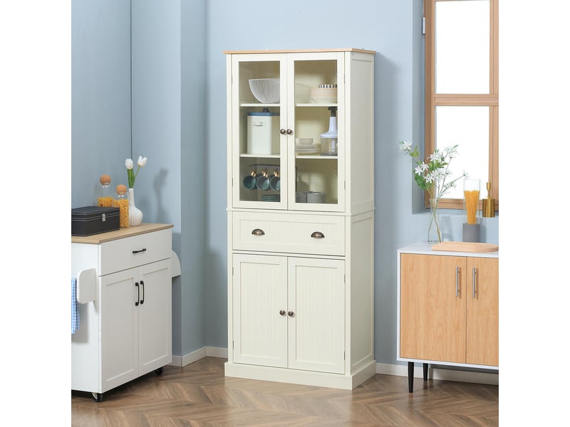  Buffet meuble de cuisine haut 4 portes 1 tiroir armoire de rangement vitrine étagères réglables 182,5 cm beige  - Conforama C