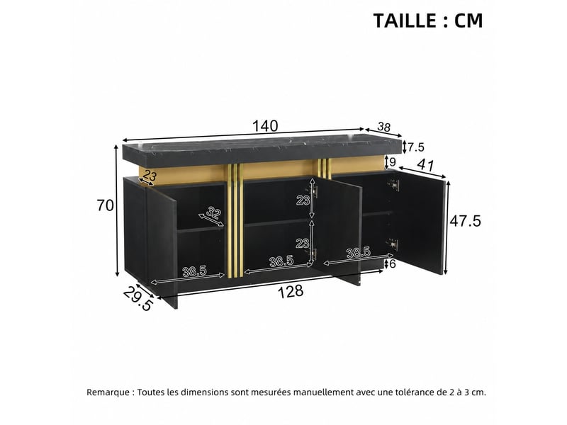  Buffet noir et or bahut 3 portes meuble de rangement 140 cm plateau effet marbre  - Conforama C