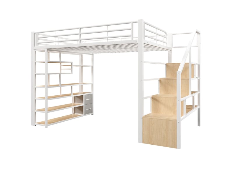 Lit mezzanine 140 x 200 cm rangement ouvert lit double cadre en fer compartiment de rangement tiroirs en tissu marches intégrées garde-corps de sécurité échelle éclairage led couleur blanche - Conforama A