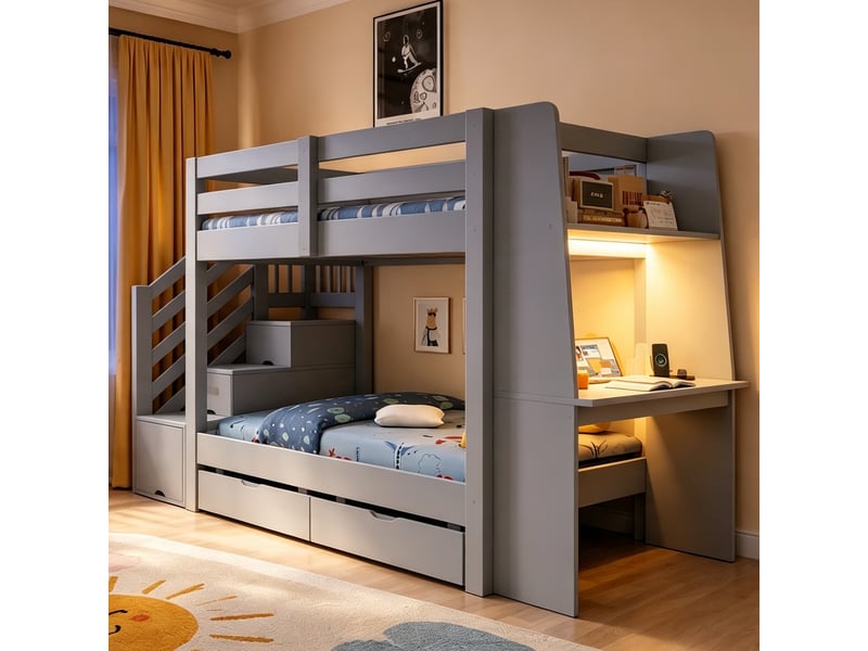 Lit superposé enfant 90 x 200 cm avec bureau et rangement, structure en bois gris, escalier et deux tiroirs - Conforama D