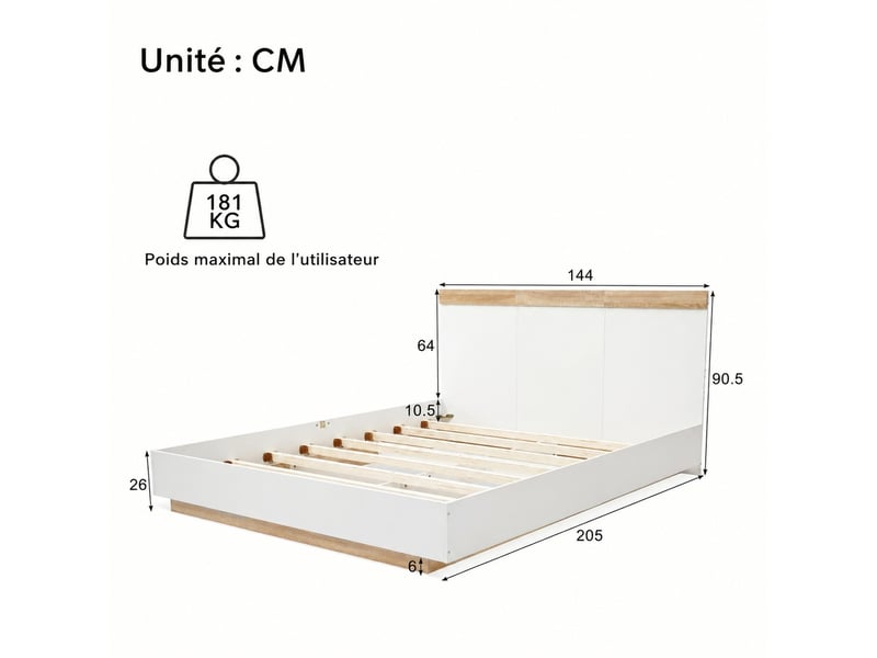 Lit double 140 x 200 cm effet suspendu avec tête et sommier, blanc et décor chêne - Conforama C