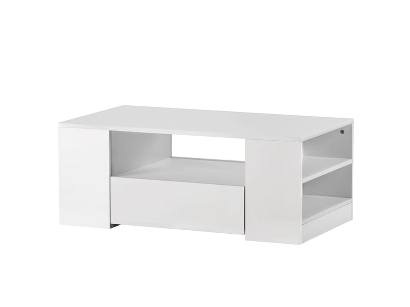  Table basse moderne laquée brillante, meuble de salon avec 2 tiroirs et 2 étagères, table basse de canapé, table d'appoint (95 x 53 x 37 cm)  - Conforama D