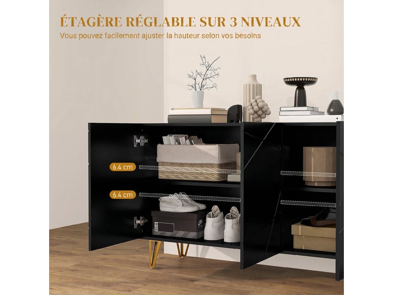  Buffet salon, meuble de rangement à haut brillance, 120x40x75cm, 3 portes à fermeture douce et étagères réglables, noir  - Conforama R
