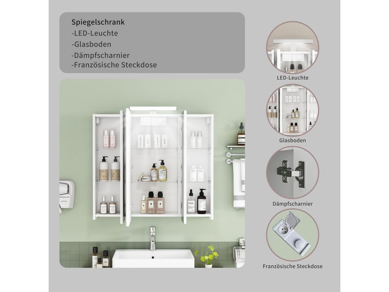  Meuble miroir salle de bain mural 80cm blanc led, prise fr, 3 portes, préassemblé  - Conforama E