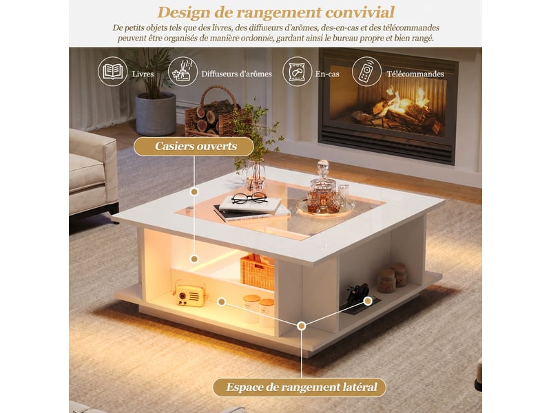  Table basse carrée blanche avec plateau en verre et éclairage led, 70 x 70 x 30 cm  - Conforama B