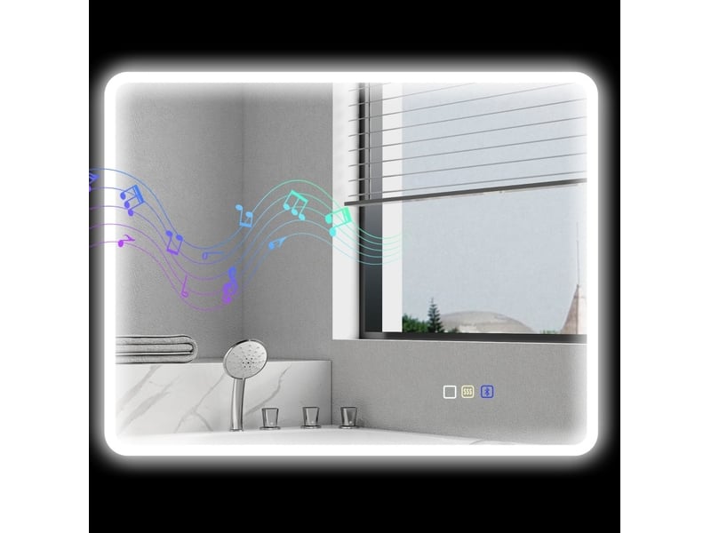  Miroir de salle de bains led 90 x 70 cm argenté en verre trempé, bluetooth, 3 couleurs, anti-buée avec mémoire  - Conforama D
