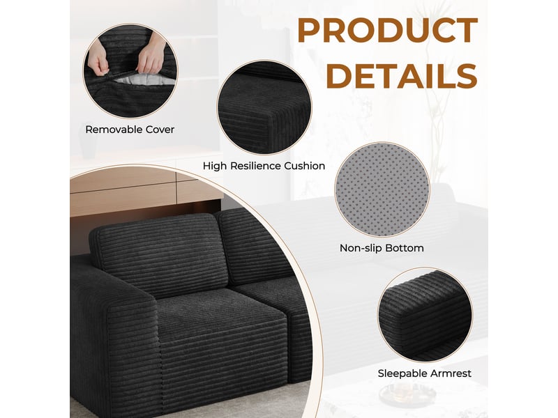 Canapé modulaire panoramique 7 places ouvert à gauche,velours côtelé,1 pouf,canapé compressé pour grand salon,404x303x82cm,noir 404x303x82CM - Conforama D