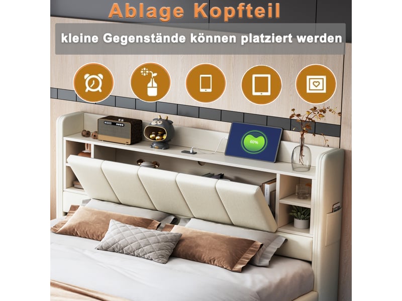  Lit capitonné double 140 x 200 cm avec usb, led et tête de lit réversible, lin, beige, rangements  - Conforama D