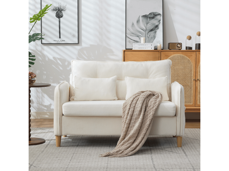 Canapé 2 places beige en tissu chenille, 127 cm, avec accoudoirs, coussins et poches latérales, pour salon moderne - Conforama D