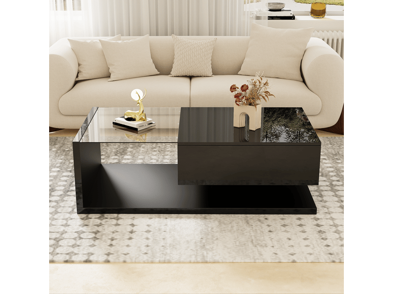  Table basse rectangulaire avec niche de rangement, plateau en verre et led, laqué brillant, noir, 105×55×32.5 cm  - Conforama C