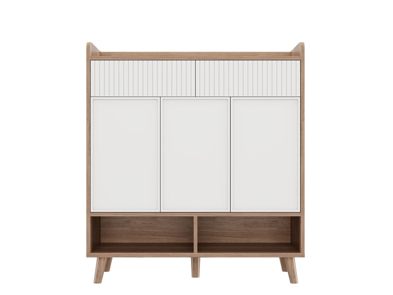  Meuble à chaussures 90 x 35 x 100 cm rangement chaussures 3 portes 2 tiroirs compartiments à chaussures pieds en bois blanc aspect bois  - Conforama D
