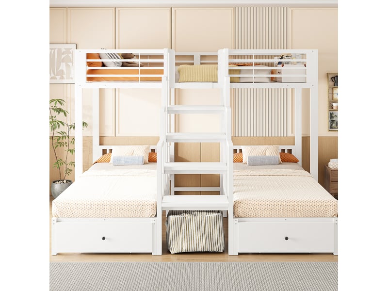  Lit superposé triple 90x200 cm, escalier central, garde-corps de sécurité, tiroirs, métal et bois, blanc, sans matelas  - Conforama B