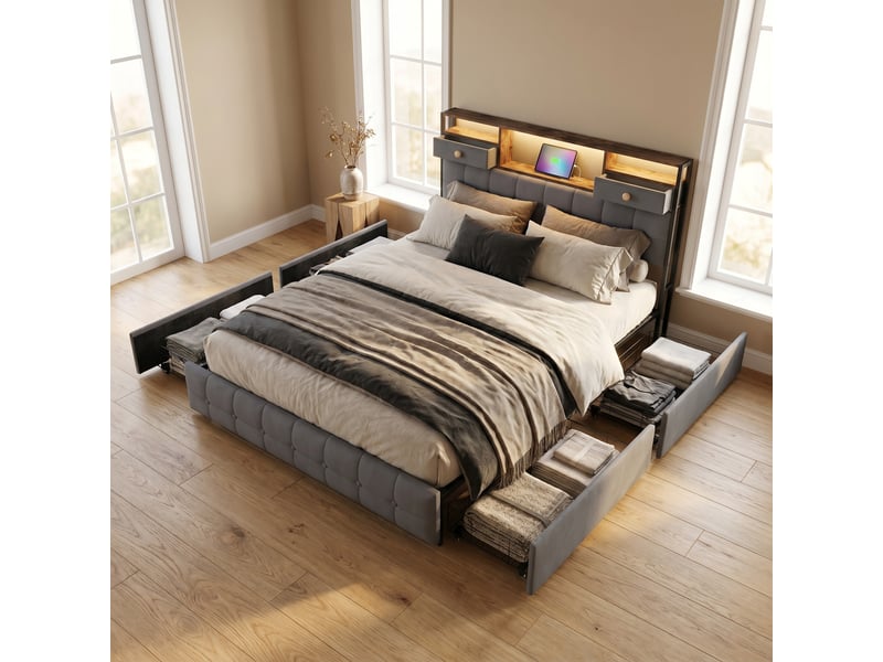  Lit 140x200 avec 4 tiroirs, lit adulte avec led rgb et ports de charge, lit double, tête de lit avec rangement intégré, tissu velours, moderne, gris  - Conforama B
