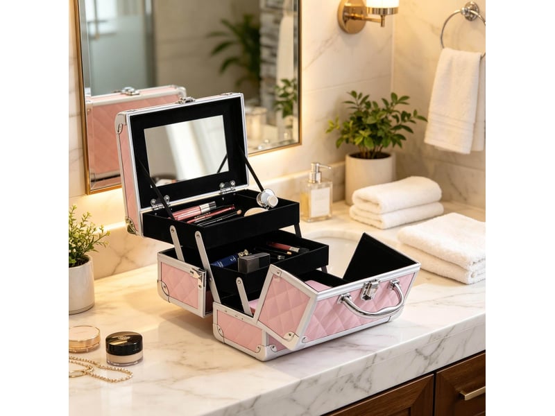  Mallette de maquillage 20 x 15 x 15 cm rose, alliage d'aluminium, trois niveaux avec miroir et serrure  - Conforama D