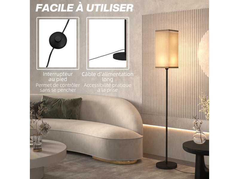  Lampadaire sur pied salon lampe salon sur pied avec abat-jour beige effet lin interrupteur à pied  noir 25 x 161,5 cm  - Conforama W