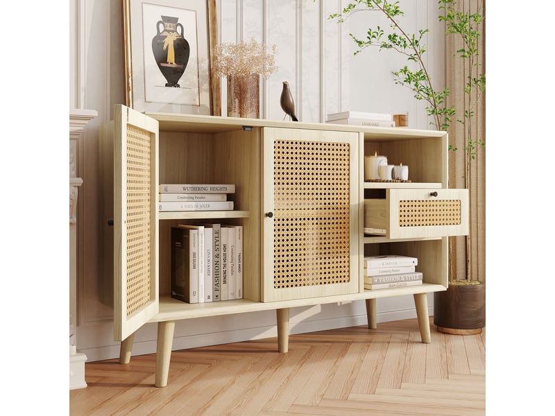Buffet 120cm avec 1 tiroir et 2 portes magnétiques en rotin tressé avec poignées en métal noir - Conforama C