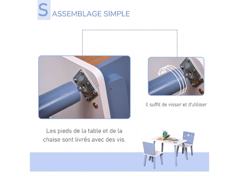  Table enfant avec chaise, ensemble table et 2 chaises en bois pour dessiner, jouer, étudier, bleu  - Conforama E