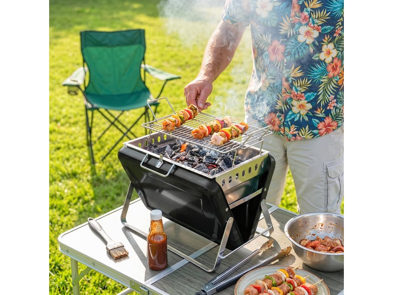  Barbecue fumoir charbon acier inoxydable, grille, poignée, pieds pliables, camping grillades, 40×28×25,5 cm, noir  - Conforama C