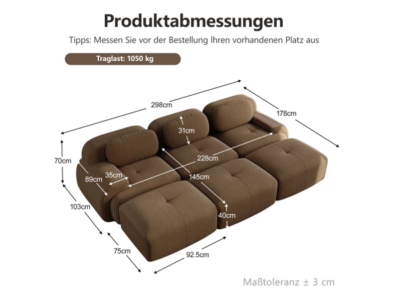 Canapé modulable 3 places avec 3 poufs velours brun – sans montage, animaux acceptés, accoudoirs larges – saloncinéma - Conforama C