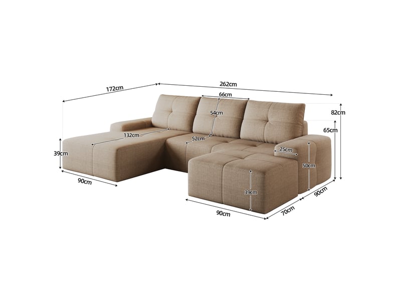  Canapé d’angle nuage 4 places avec pouf, en tissu kaki, 262x172x82 cm  - Conforama C