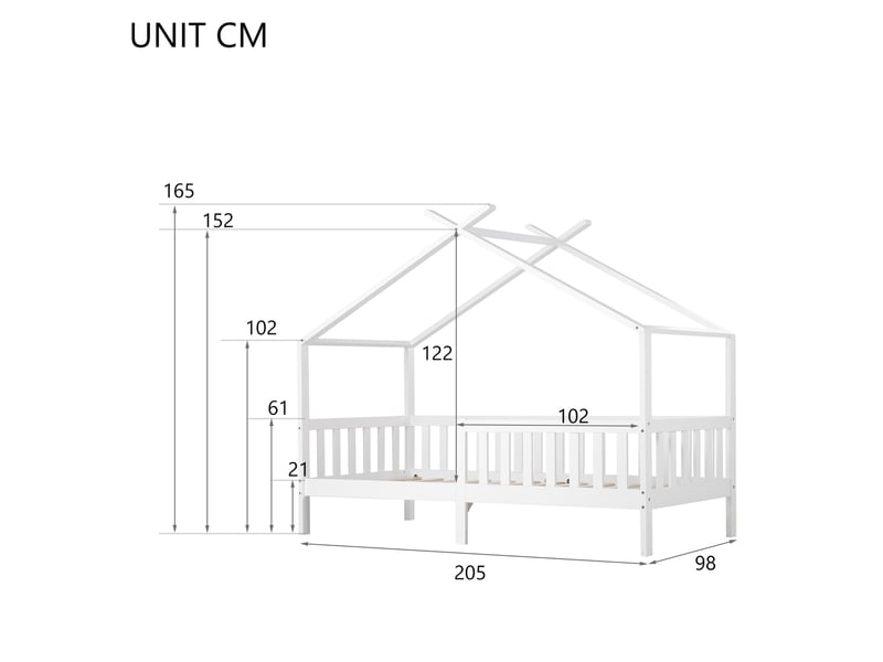  Lit cabane enfant simple 90×200 cm avec barrière et rangement  - sans matelas, bois massif blanc  - Conforama D