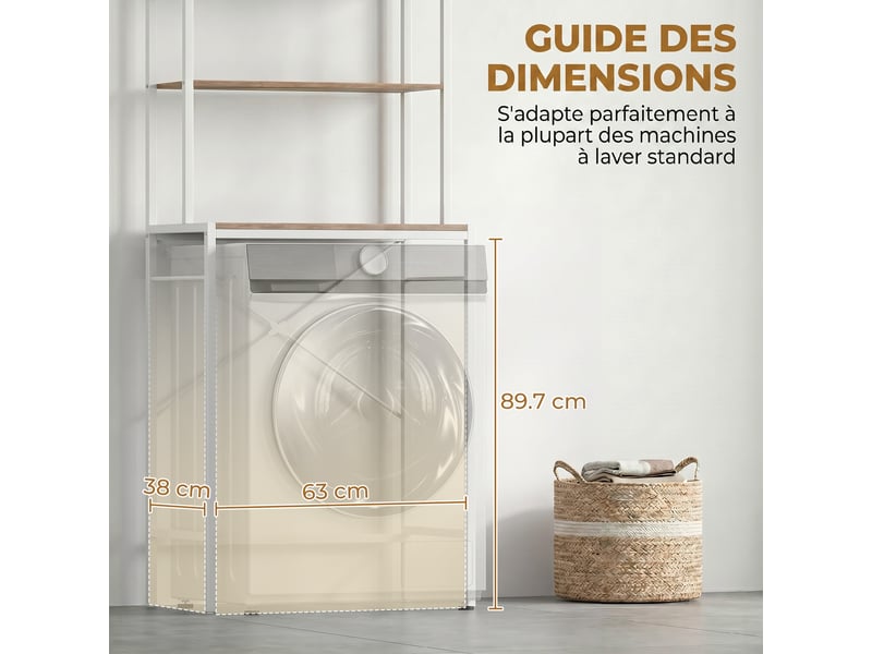 Étagère de machine à laver 3 niveaux, marron et blanc, meuble pour lave-linge et sèche-linge avec barre de suspension - Conforama D