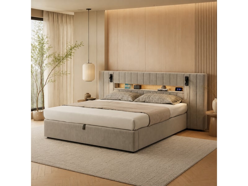  Lit double 180×200 cm usb, usb-c, led réglable et lampe de lecture  - sans matelas, velours gris  - Conforama C