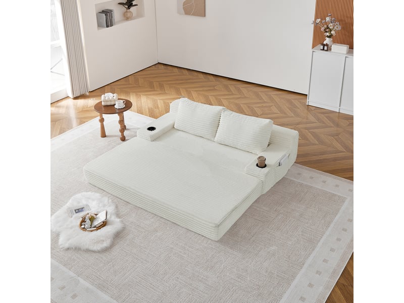  Canapé lit 2 en 1 convertible velours côtelé 2 places beige  - Conforama D