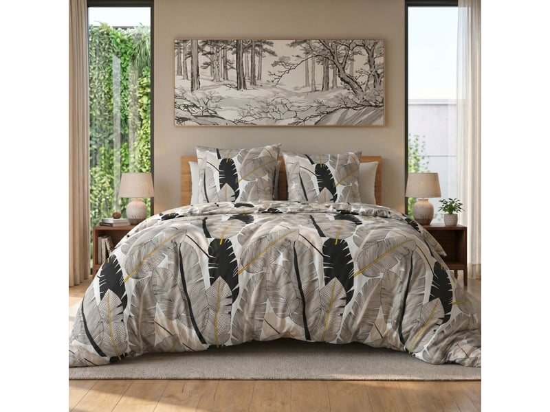  Parure housse de couette 240x220cm + 2 taies motif plumes noir et blanc 100% microfibre - piuma PIUMA - Conforama A
