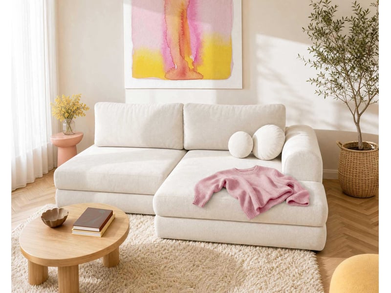  April - canapé d'angle droit 4 places convertible avec coffre en velours texturé - best mobilier - beige APRIL - Conforama B