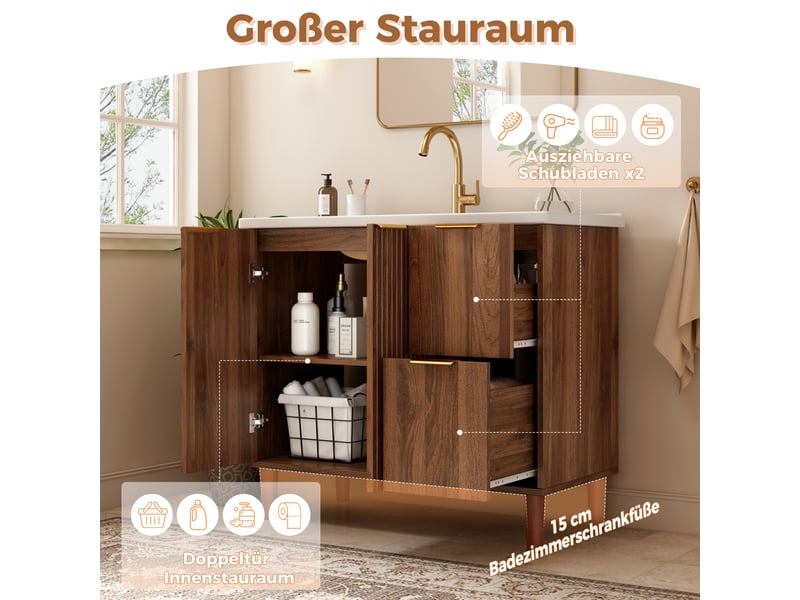  Meublede salle de bain 91 cm avec vasque céramique, 91 x 47 x 87 cm,noyer,panneau mdf,portes battantes et tiroirs, façade cannelée  - Conforama D
