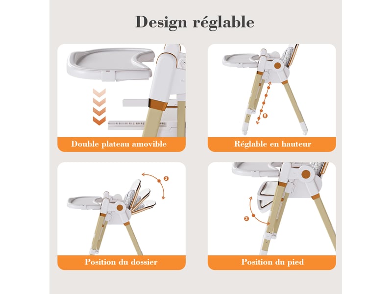  Chaise haute bébé 2 en 1 convertible en transat, plateau double réglable, pliable en polypropylène blanc  - Conforama E