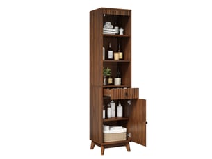 Armoire de salle de bain avec porte réversible, tiroir, niches ouvertes et fermeture douce, noyer, 40 × 36 × 172 cm