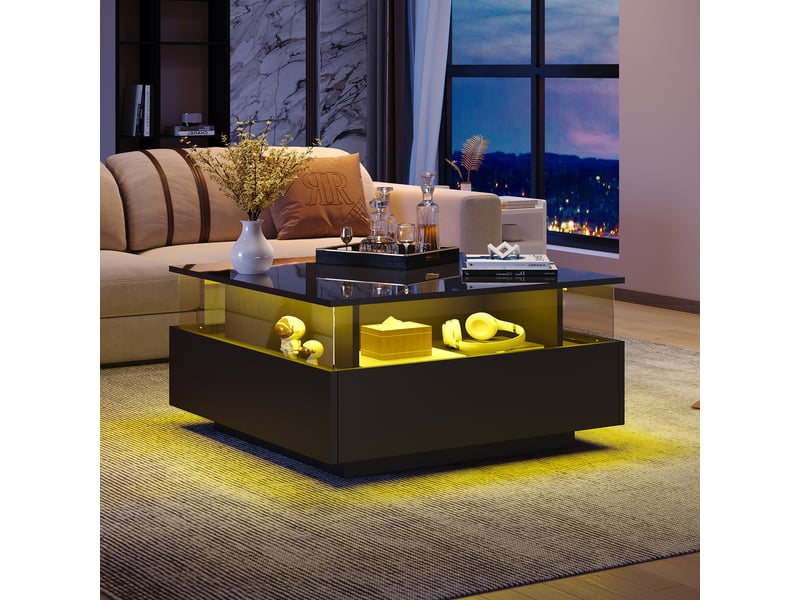  Table basse carrée 70x70 noire brillante avec led - 2 tiroirs et vitrine acrylique  - Conforama R