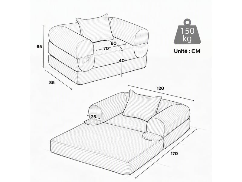  Fauteuil convertible 1 place en lit sans outil  - coussin inclus velours côtelé rembourré gris  - Conforama E