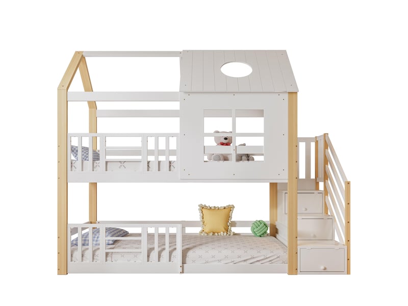  Lit superposé 90x200 cm, lit cabane enfant avec escalier de rangement et barrière de sécurité, en bois de pin et mdf, blanc  - Conforama A
