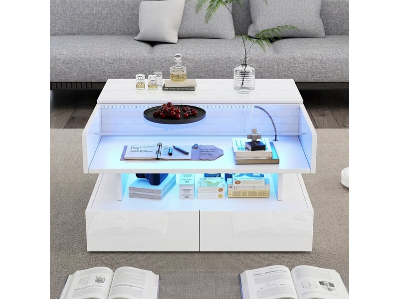  Table basse carrée relevable 80x80 cm avec rangement caché, 2 tiroirs et led app, plateau verre trempé, blanc brillant  - Conforama B