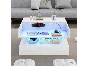 Table basse carrée relevable 80x80 cm avec rangement caché, 2 tiroirs et led app, plateau verre trempé, blanc brillant