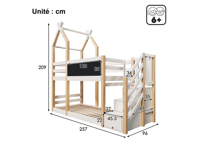  Lit cabane lit simple avec escalier de rangement, tableau et barrière, 200x90 cm, sans matelas, blanc  - Conforama D
