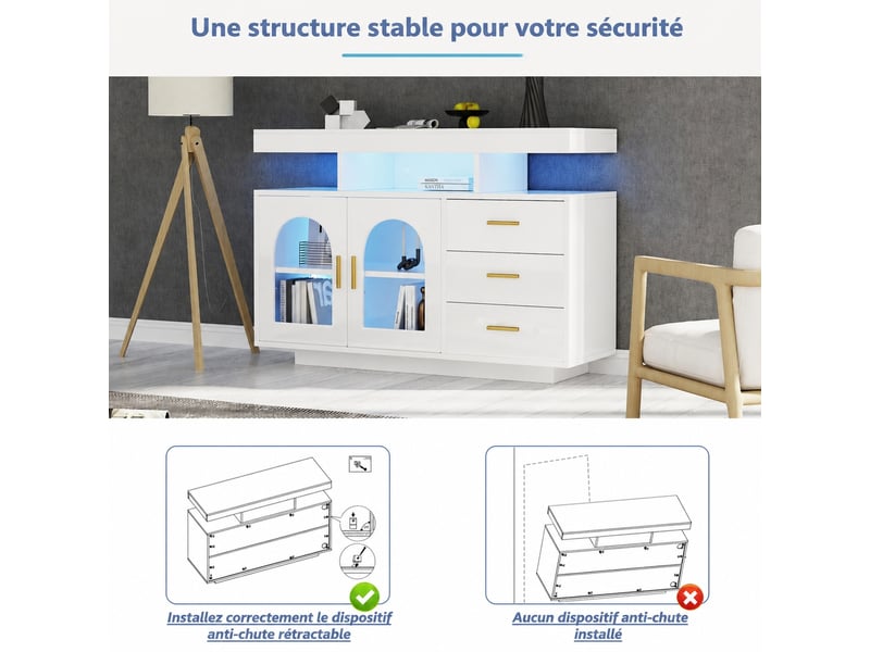  Buffet blanc brillant 120 cm 2 portes 3 tiroirs, meuble de rangement avec led, buffet salle à manger  - Conforama E