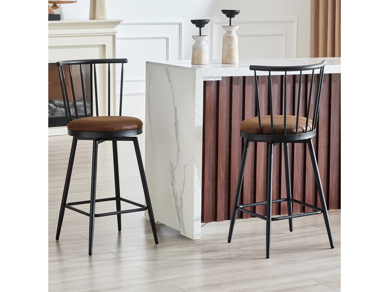  Tabouret de bar rembourré avec dossier courbé et repose-pieds, style industriel en tissu marron  - Conforama C