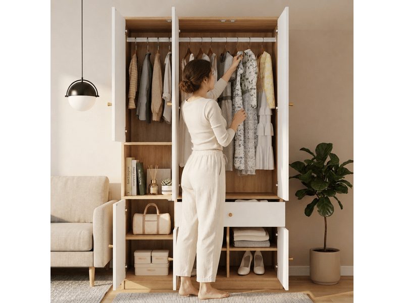  Armoire 3 portes armoire de chambre 120x50x200 cm avec 2 tringles 1 tiroir et compartiments blanc et bois  - Conforama W