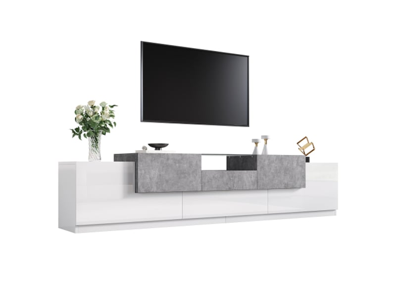 Meuble tv blancgris ciment plateau verre trempé tiroir central portes porte pliante câbles et charnières amorties - Conforama A