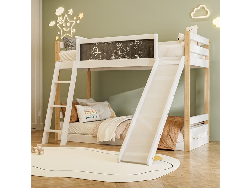 Lit superposé enfant 90x200 cm avec escalier et toboggan modulable, bois blanc chicfurn  - Conforama D