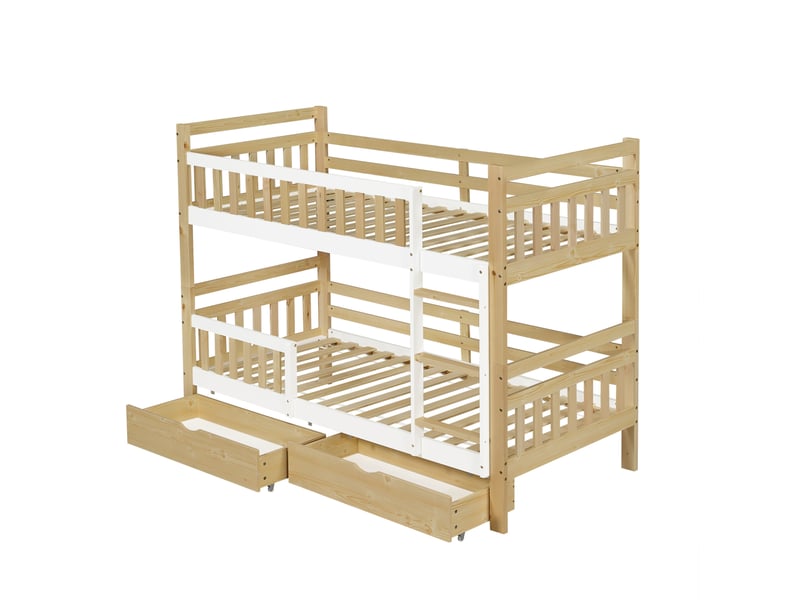 Lit superposé enfant 90x200 cm modulable en 2 lits avec tiroirs, blanc et naturel, sans matelas - Conforama D