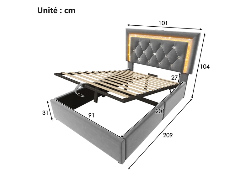  Lit coffre simple 90x200 cm - lit en velours gris avec tête de lit led, usb et rangement hydraulique - sans matelas  - Conforama C
